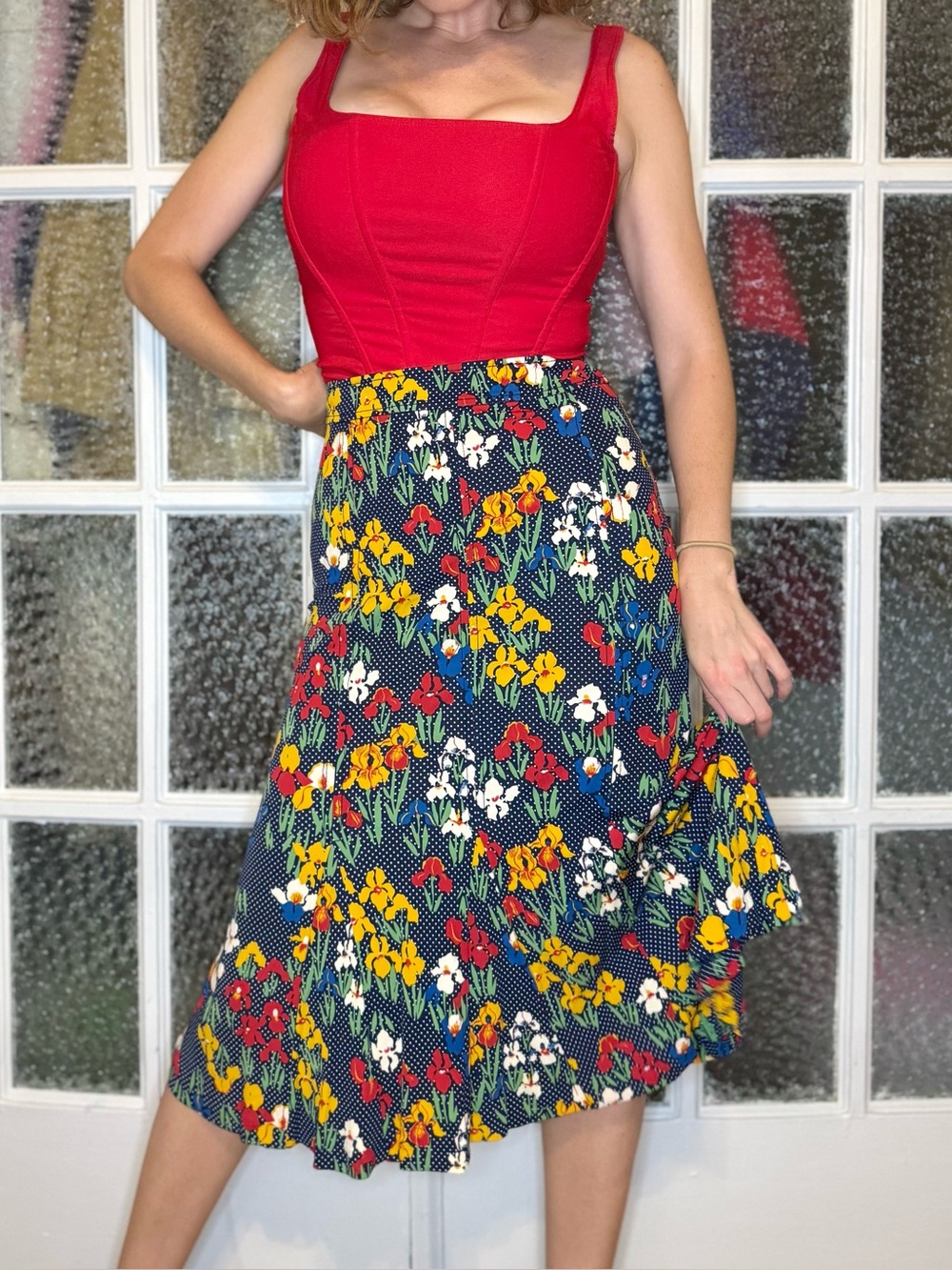 Tory Burch Jada Floral Navy Midi polka dot skirt with iris floral pattern